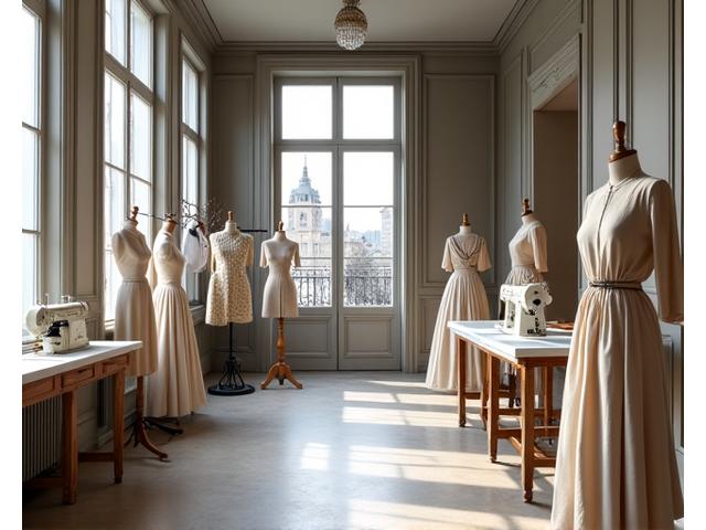 Un atelier de haute couture parisien avec des tissus luxueux et un design élégant.