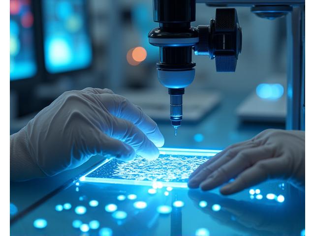 Laboratoire de recherche textile futuriste avec des échantillons de tissus lumineux et complexes.