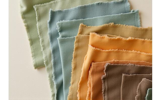 Échantillons de tissus teints avec des pigments naturels, affichant des couleurs douces et organiques